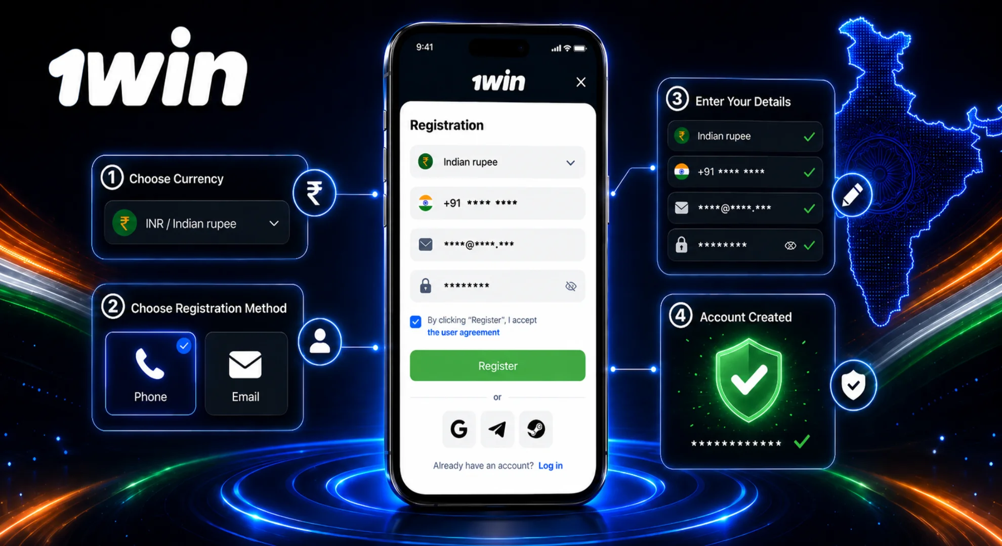 How to register on 1win India with INR account setup